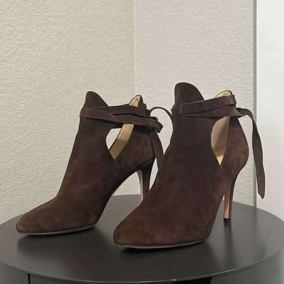 Jimmy Choo Shoes - JIMMY CHOO Marina Tie Strap Brown Suede Booties, Size 36.5 (US- 6)
